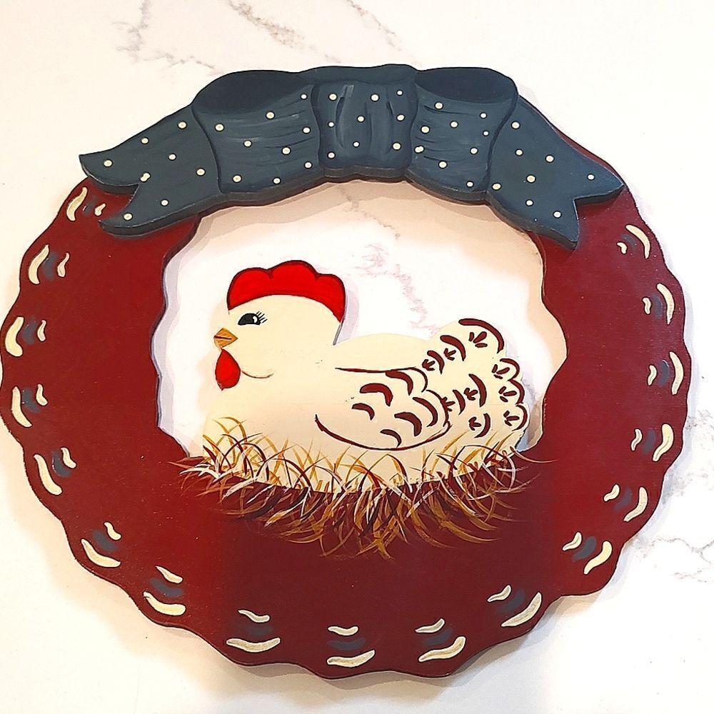 Vintage Wooden Hand Painted Chicken Wreath Country Farmhouse Cottage